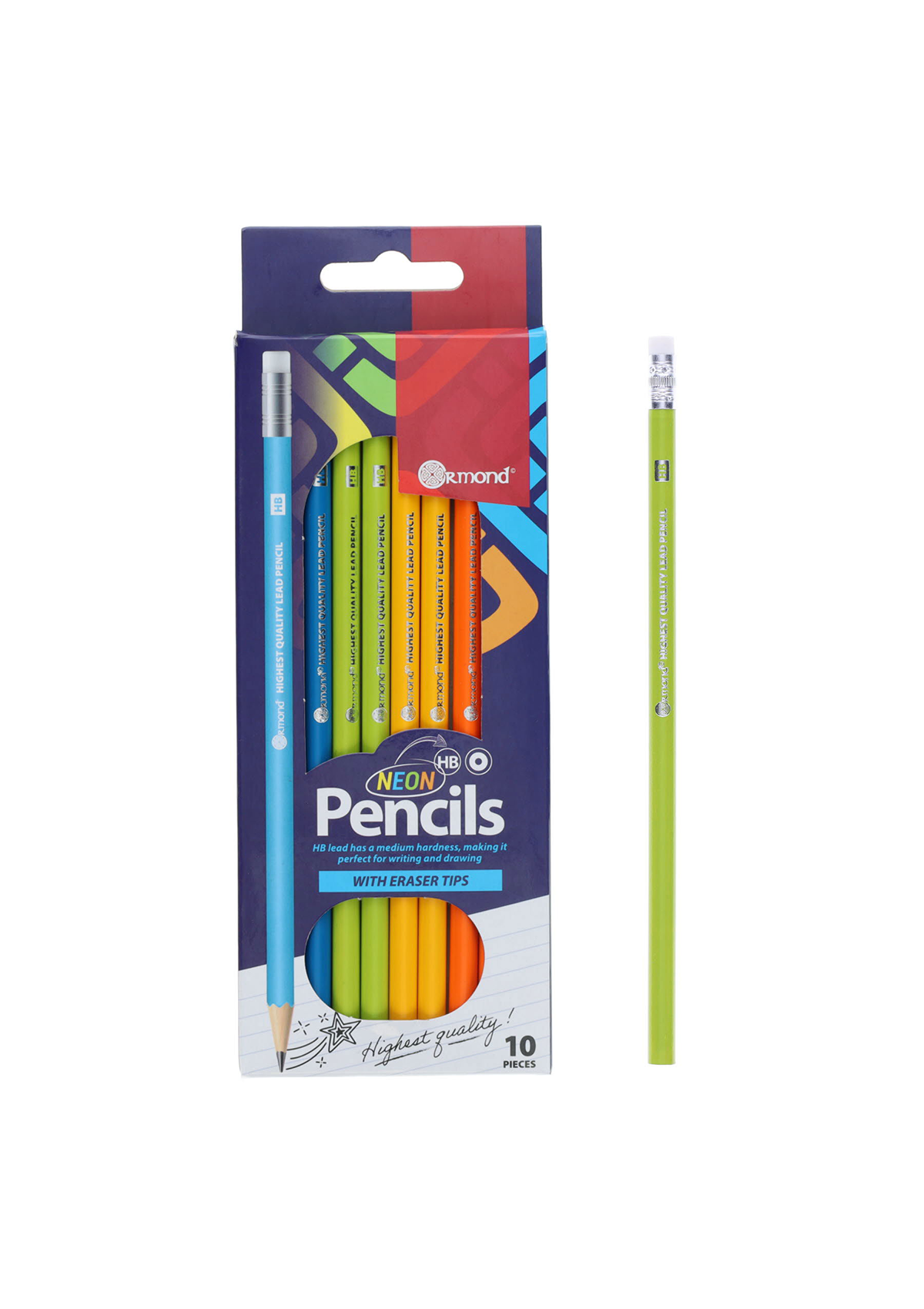 Pkt.10 HB Rubber Tipped Pencils - Neon