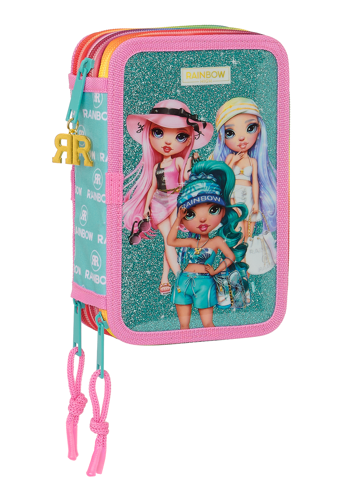 A multicolored pencil case featuring illustrations of animated characters on the front.