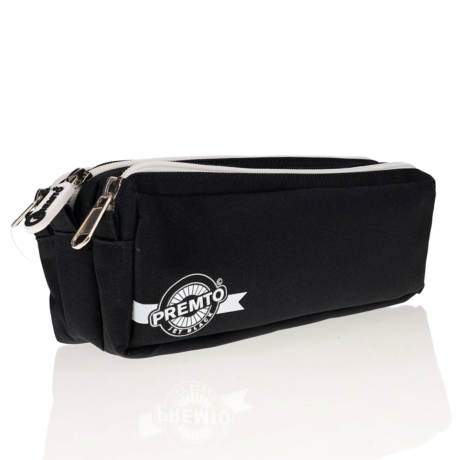 A black three compartment pencil case with a white zipper and the 'PREMTO' brand logo on the side.