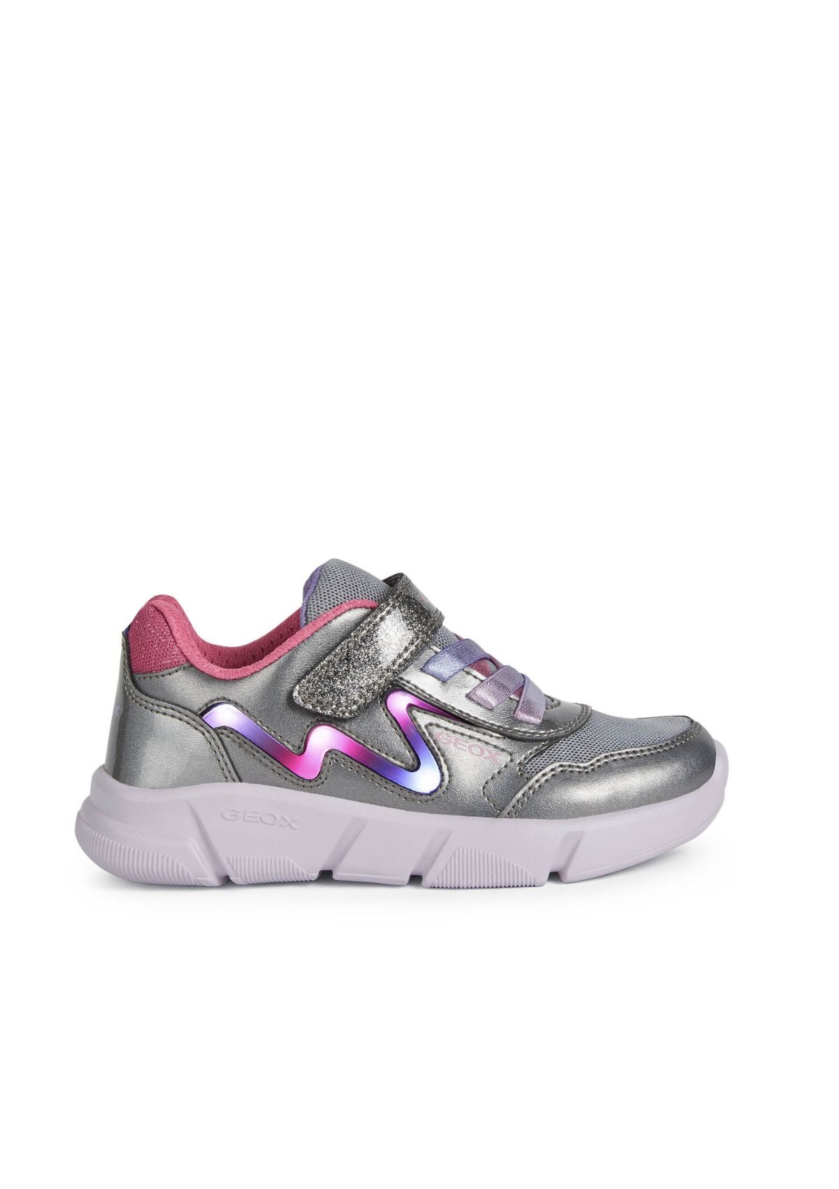 Geox Girls Trainers ARIL Lights-up Silver Lilac lights on