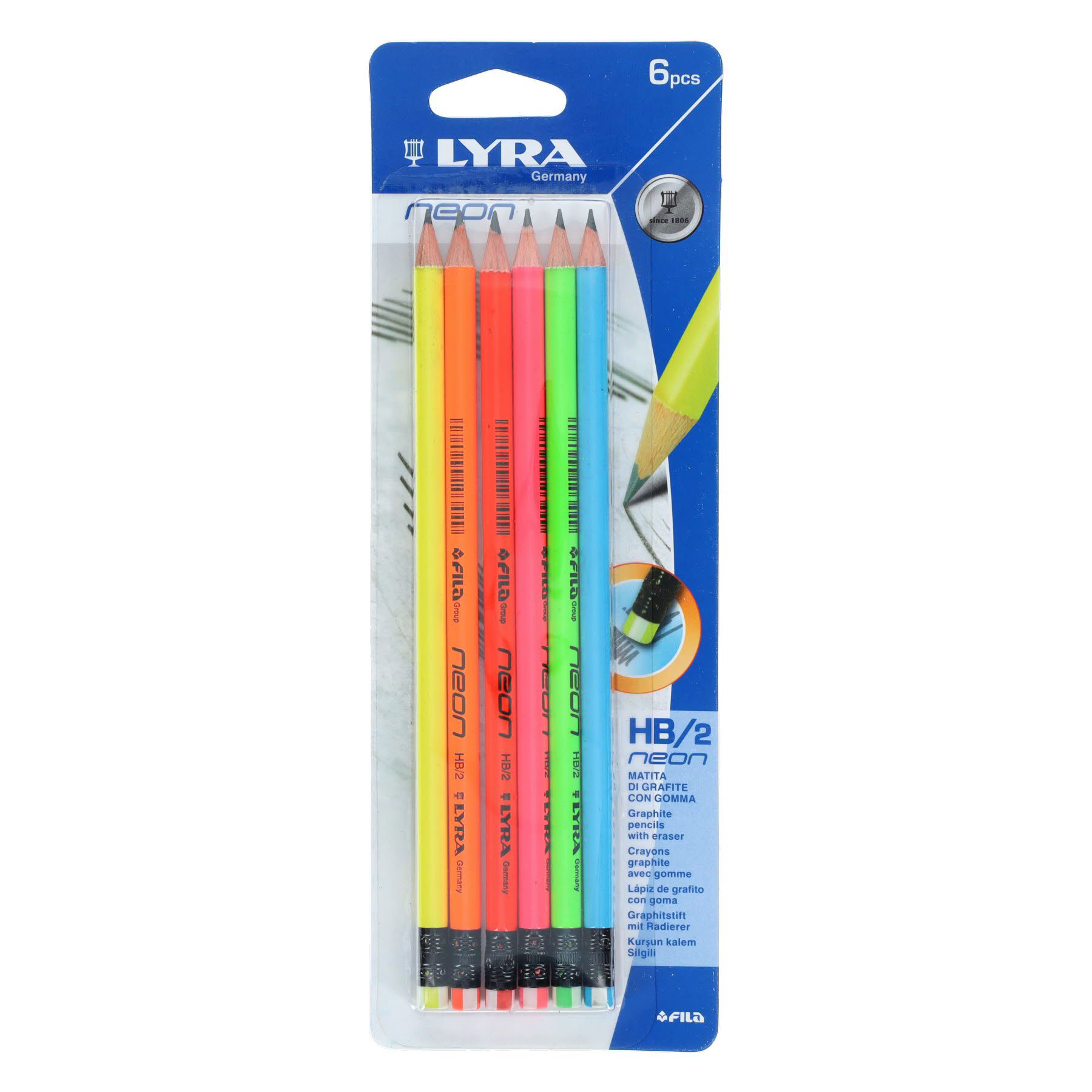 Neon Card 6 Rubber Tipped Hb Pencils